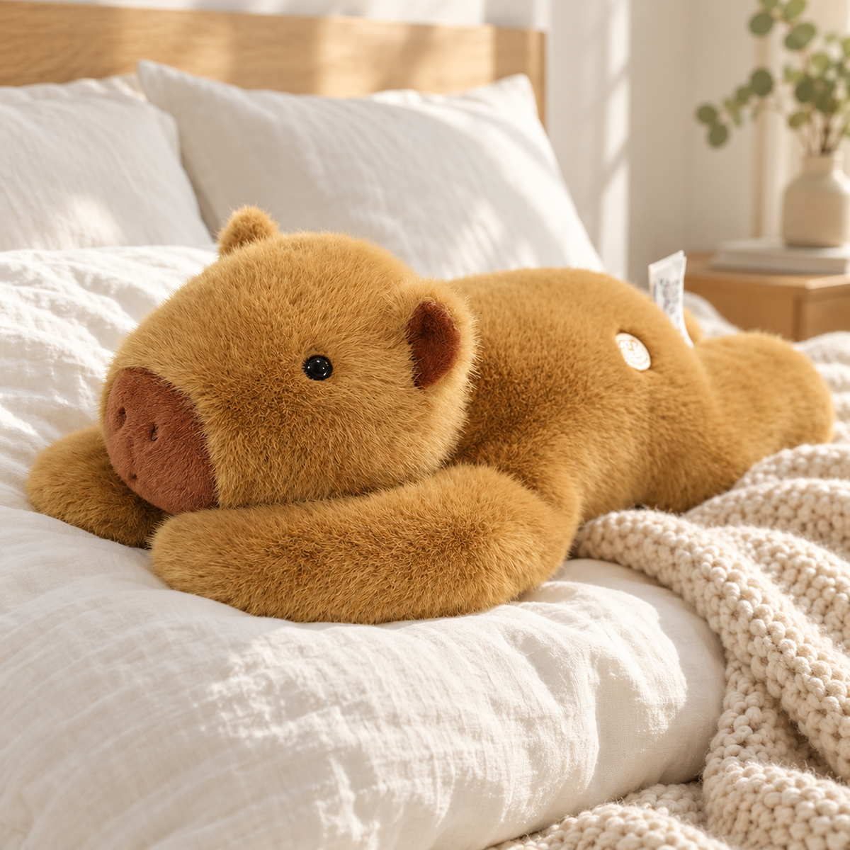 Capybara Gewichtskuscheltier im Bett auf weißer Bettwäsche