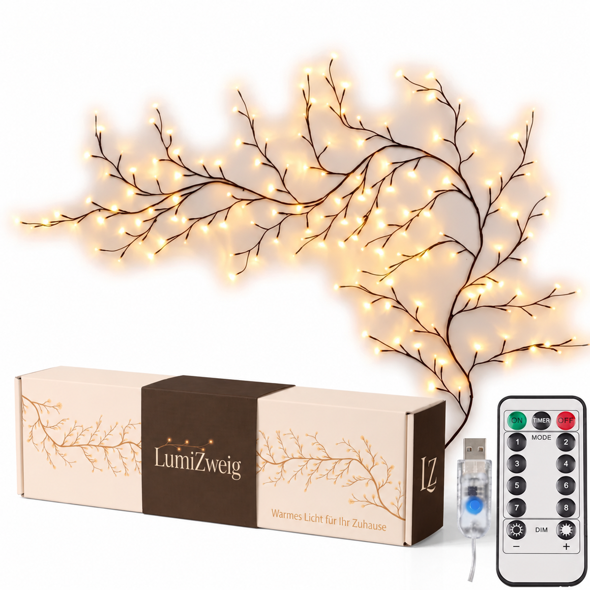 LumiZweig™ LED-Lichterzweige mit Fernbedienung, USB-Kabel und Verpackung