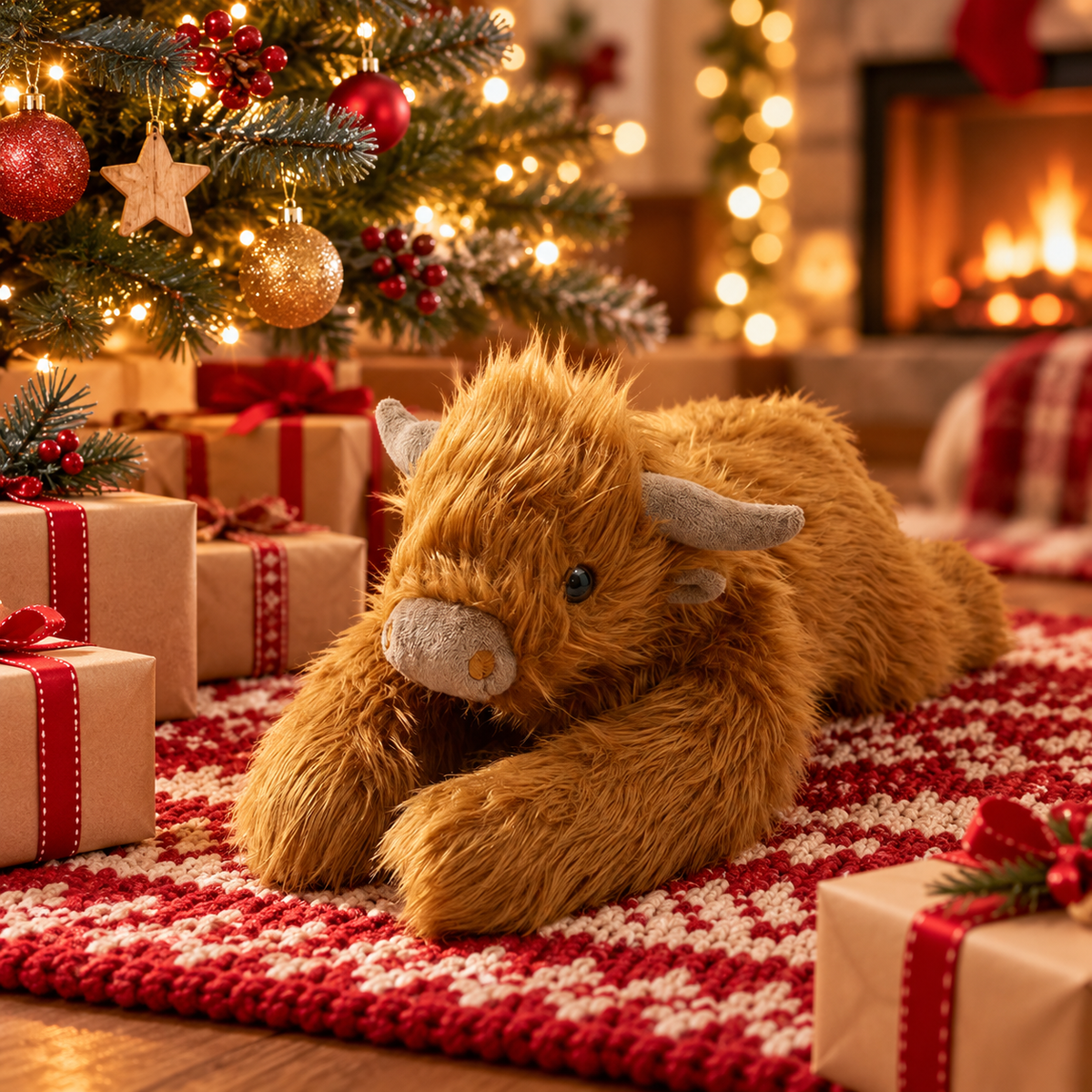 Hochlandrind Kuscheltier unter dem Weihnachtsbaum – Geschenkidee