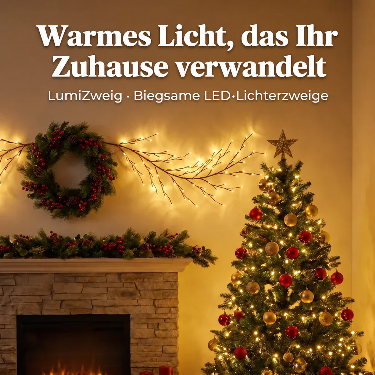 LumiZweig LED-Lichterzweige in einem weihnachtlich dekorierten Wohnzimmer