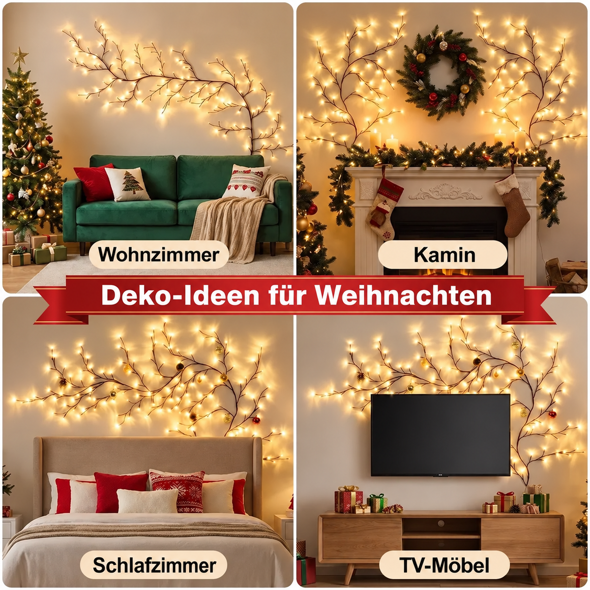 Dekoideen mit LumiZweig zu Weihnachten: Wohnzimmer, Kamin, Schlafzimmer und TV-Möbel