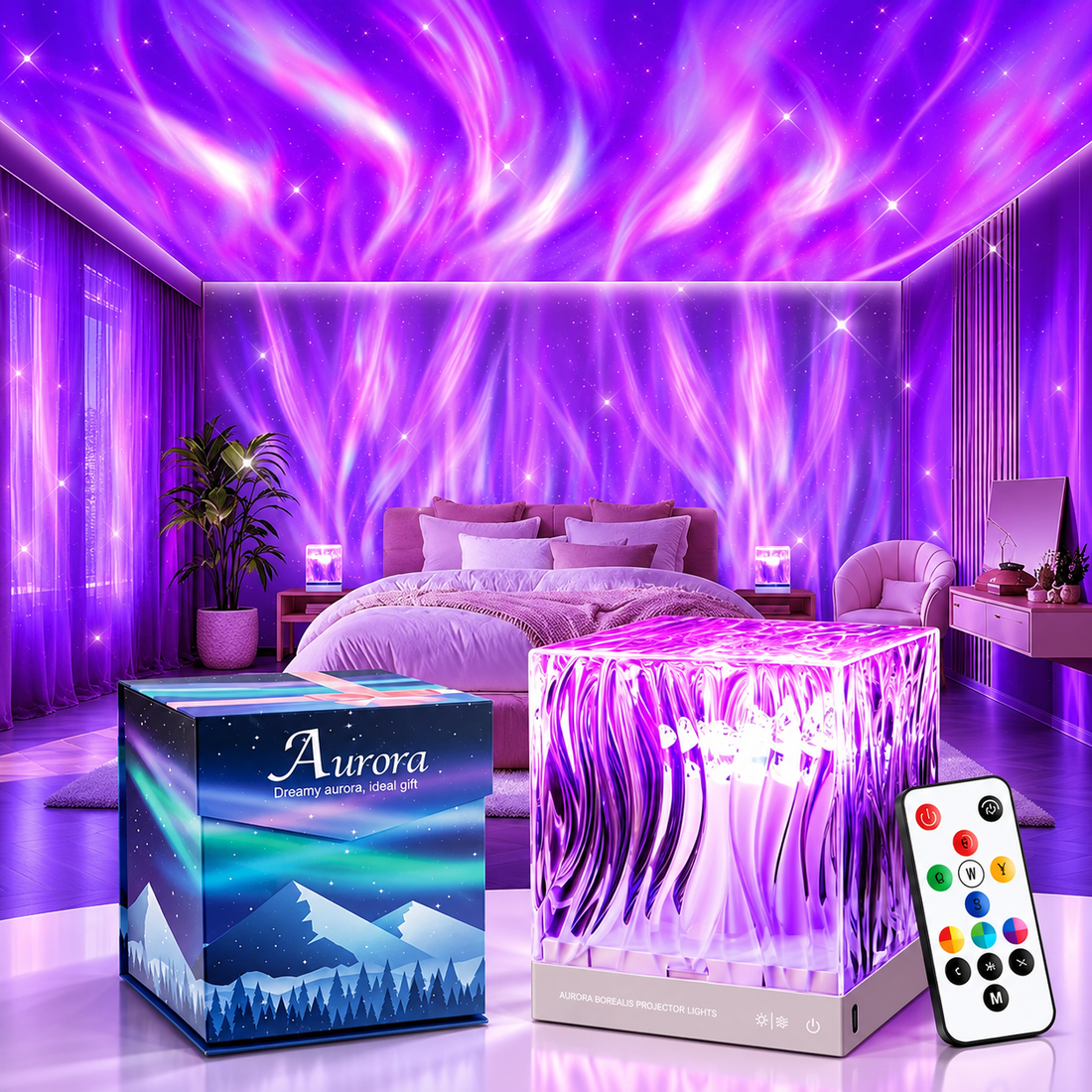 Aurora Lampe mit Fernbedienung und Geschenkbox – Polarlicht-Projektion im Schlafzimmer