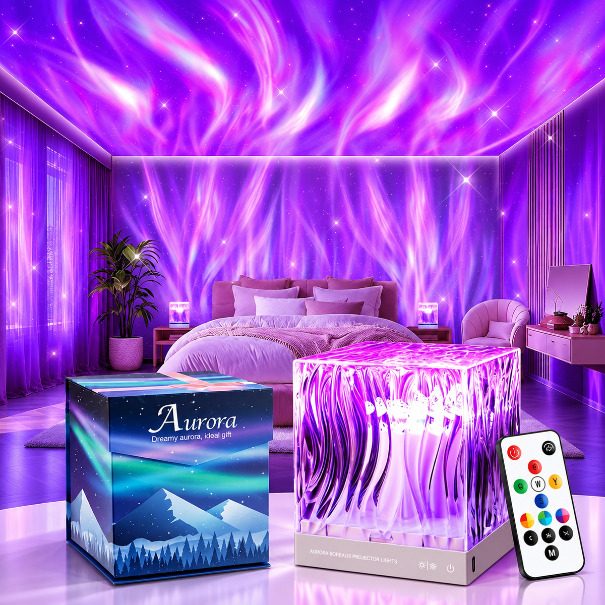 Aurora Lampe mit Fernbedienung und Geschenkbox – Polarlicht-Projektion im Schlafzimmer