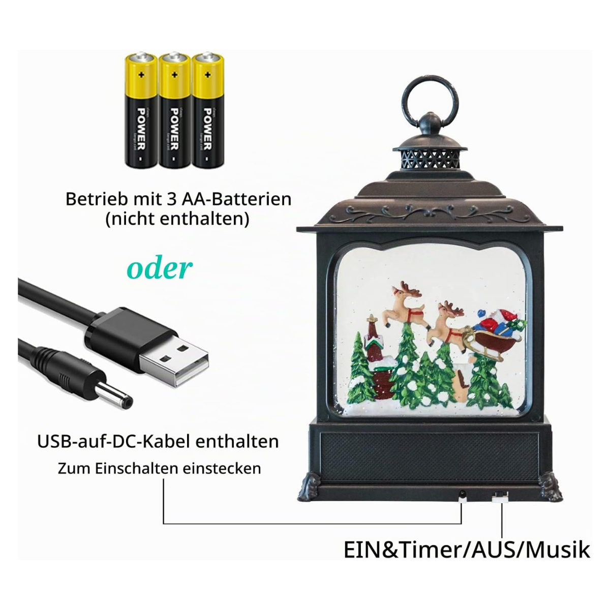 Schneekugel-Laterne: Batterie- oder USB-Betrieb