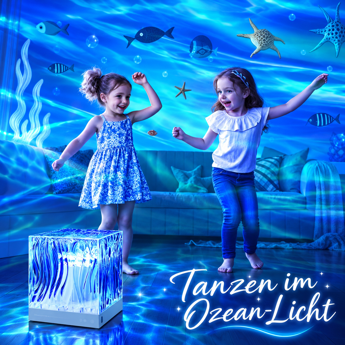 Aurora Lampe mit blauem Ozean-Lichteffekt an Wand und Decke