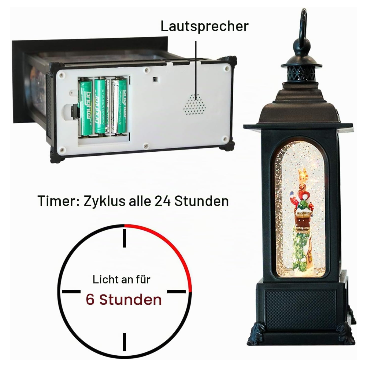 Schneekugel-Laterne mit 6-Stunden-Timer und Lautsprecher