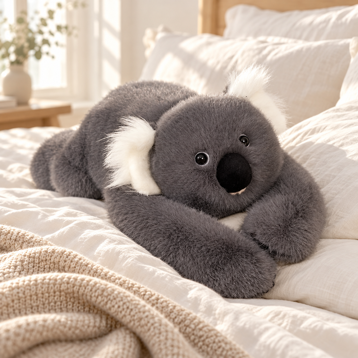 Koala Gewichtskuscheltier im Bett auf weißer Bettwäsche
