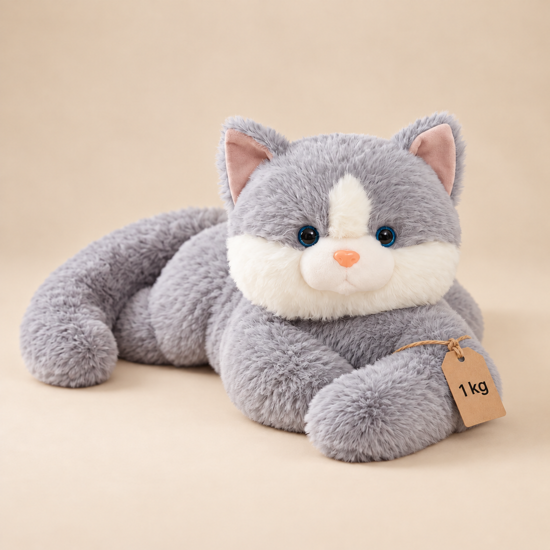 Gewichtskuscheltier Katze 1 kg mit langen Armen – graue Plüschkatze mit Anhänger 1 kg