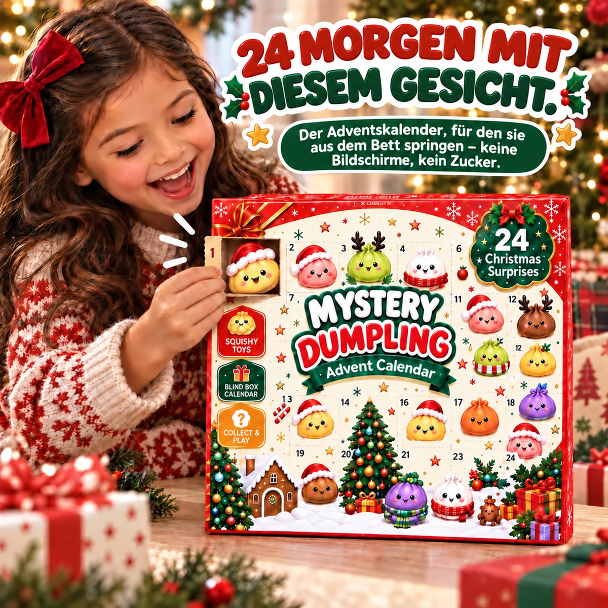 Mädchen öffnet begeistert das erste Türchen des Squishy-Adventskalenders