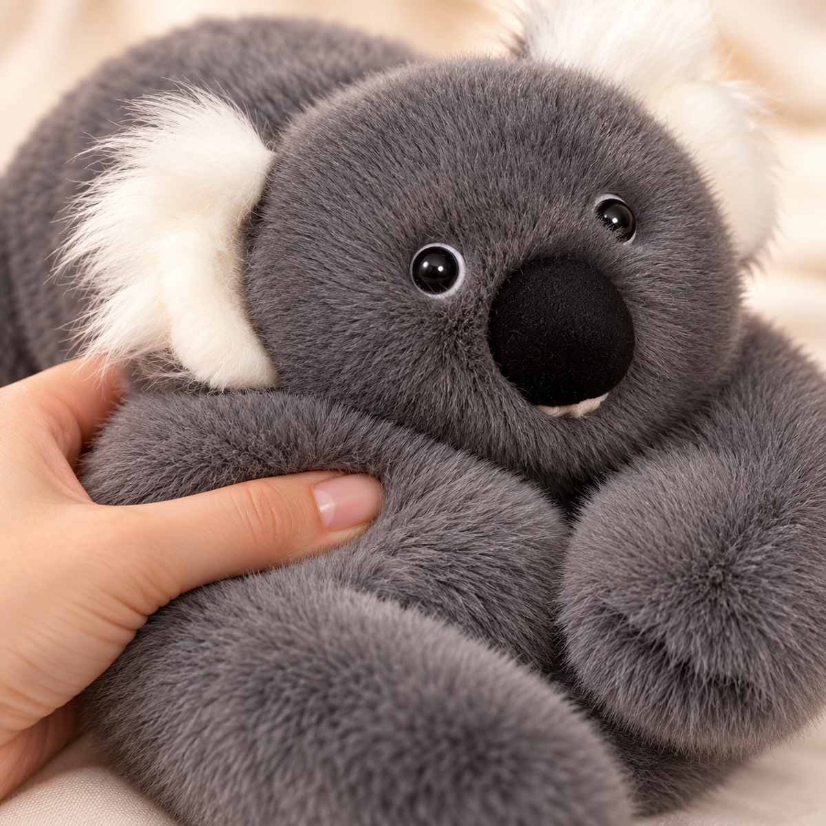 Nahaufnahme des weichen grauen Plüschfells des Koala Kuscheltiers