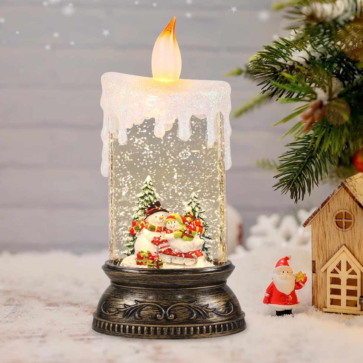 Schneekugel-Kerze mit LED-Flamme – Motiv Schneemänner