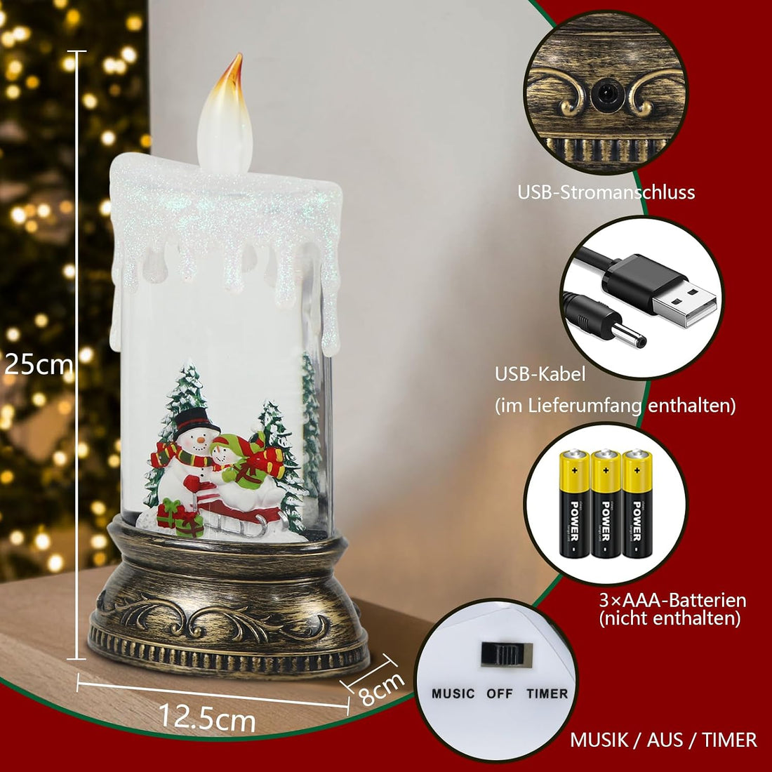 Schneekugel-Kerze mit LED-Flamme – Motiv Schneemänner