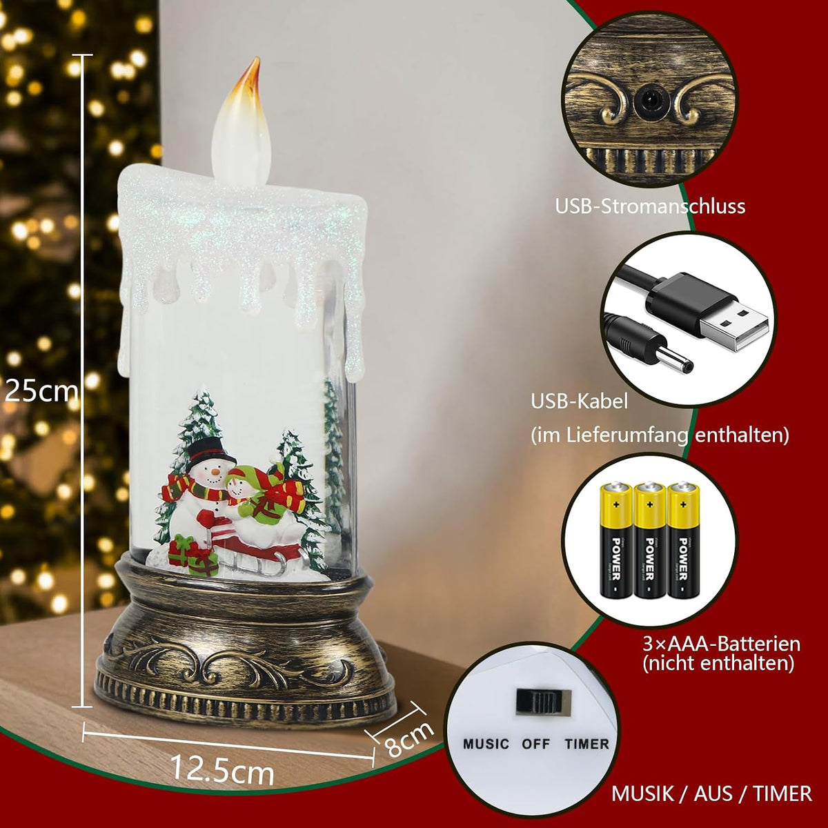 Schneekugel-Kerze: Betrieb mit USB-Kabel oder Batterien