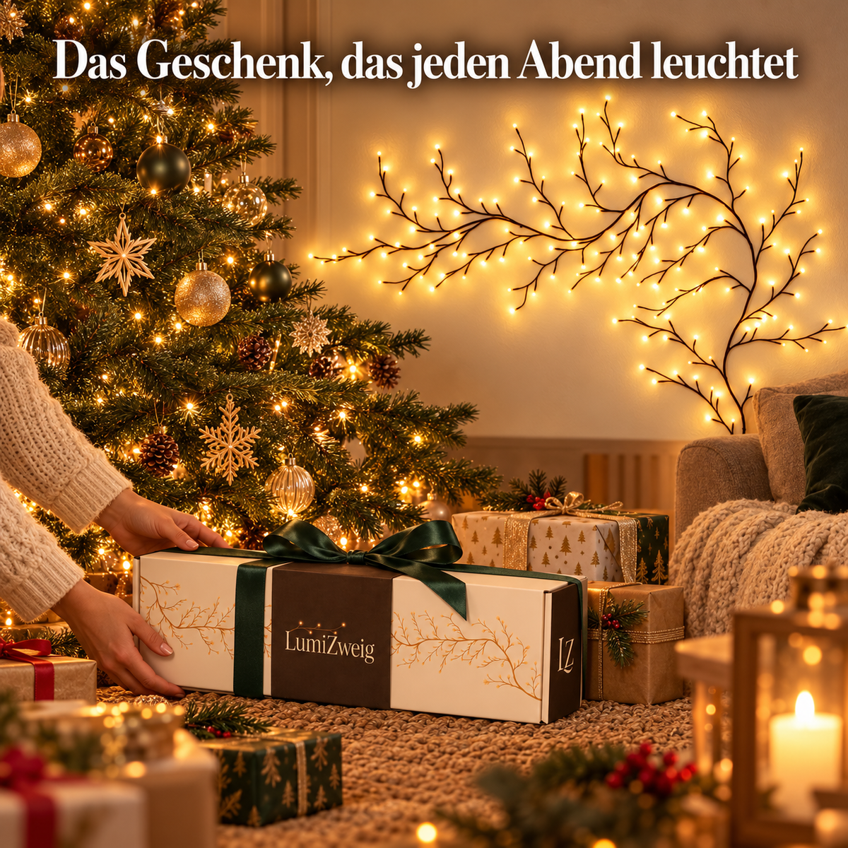 LumiZweig als Weihnachtsgeschenk unter dem Christbaum