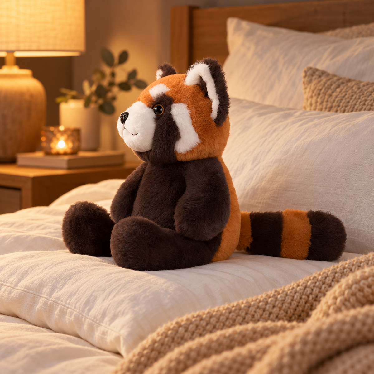 Beheizbares Kuscheltier Roter Panda im Bett