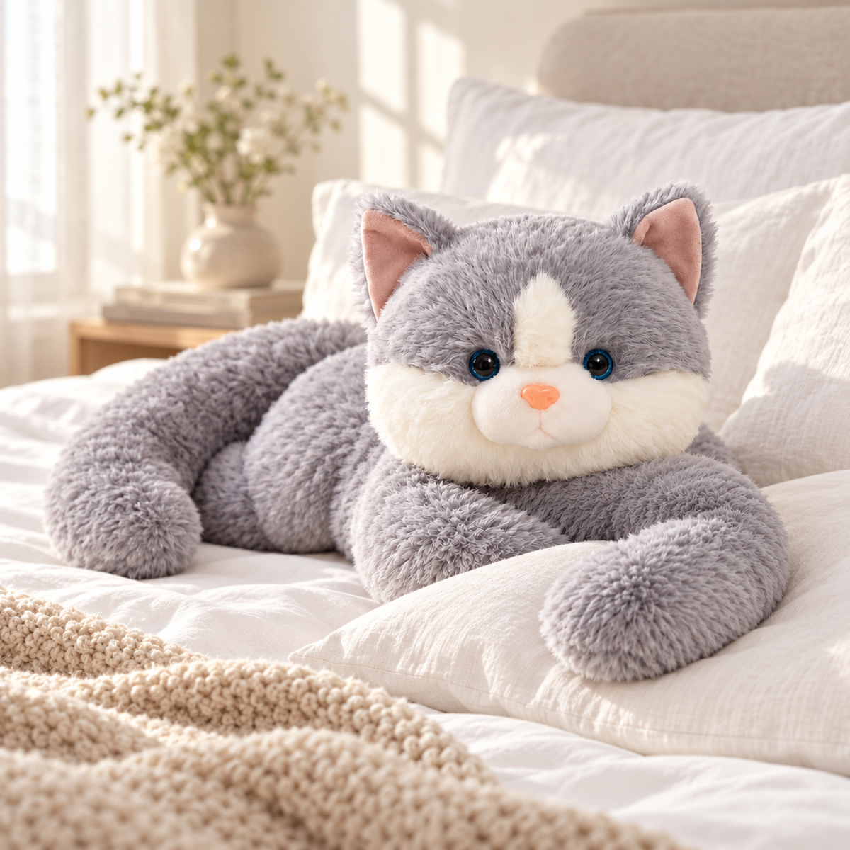 Gewichtskuscheltier Katze im Bett auf weißer Bettwäsche