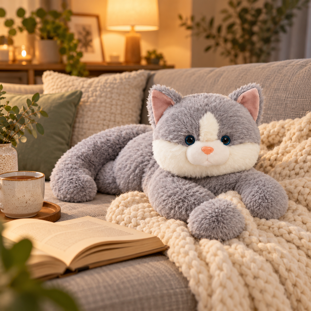 Gewichtskuscheltier Katze auf dem Sofa mit Strickdecke, Tee und Buch