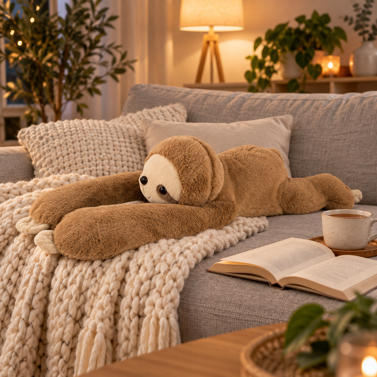 Gewichtskuscheltier Faultier auf dem Sofa mit Strickdecke, Tee und Buch