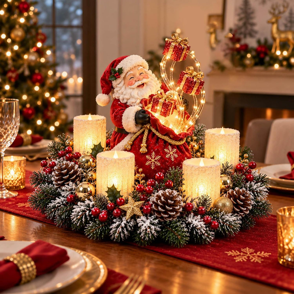 Weihnachtsgesteck mit LED-Kerzen – Motiv Weihnachtsmann mit Geschenksack