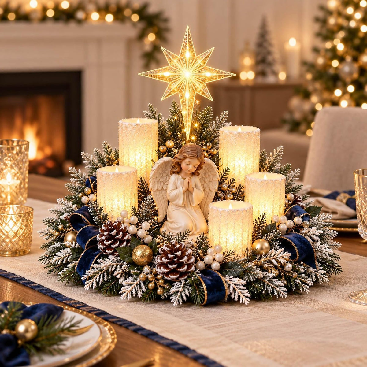 Weihnachtsgesteck mit LED-Kerzen – Motiv Betender Engel
