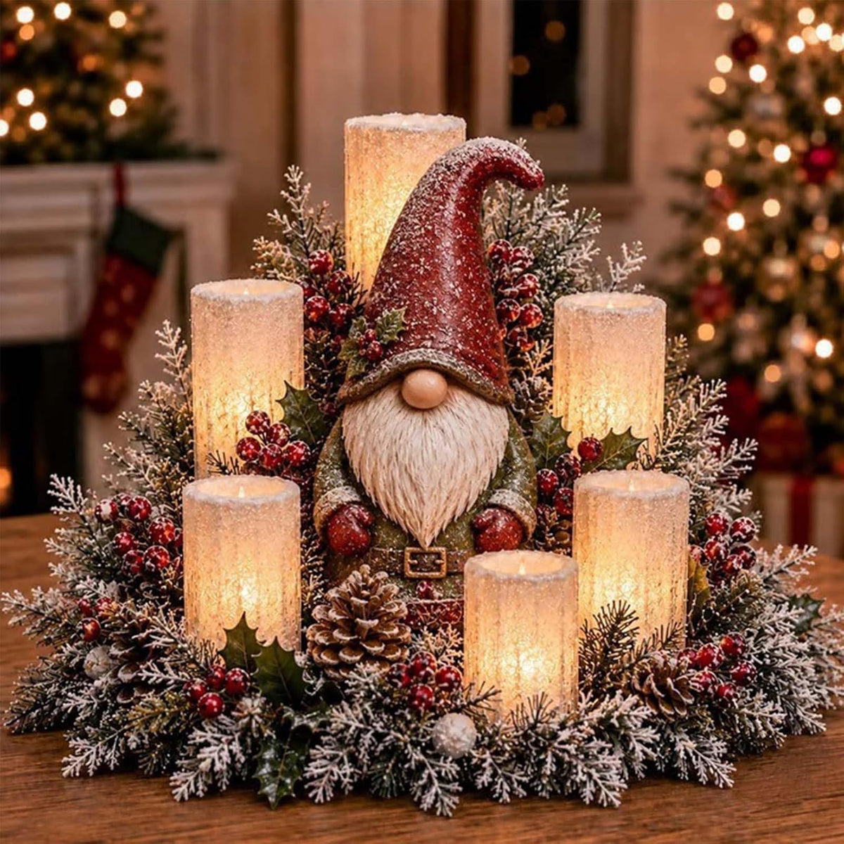 Weihnachtsgesteck mit LED-Kerzen – Motiv Wichtel