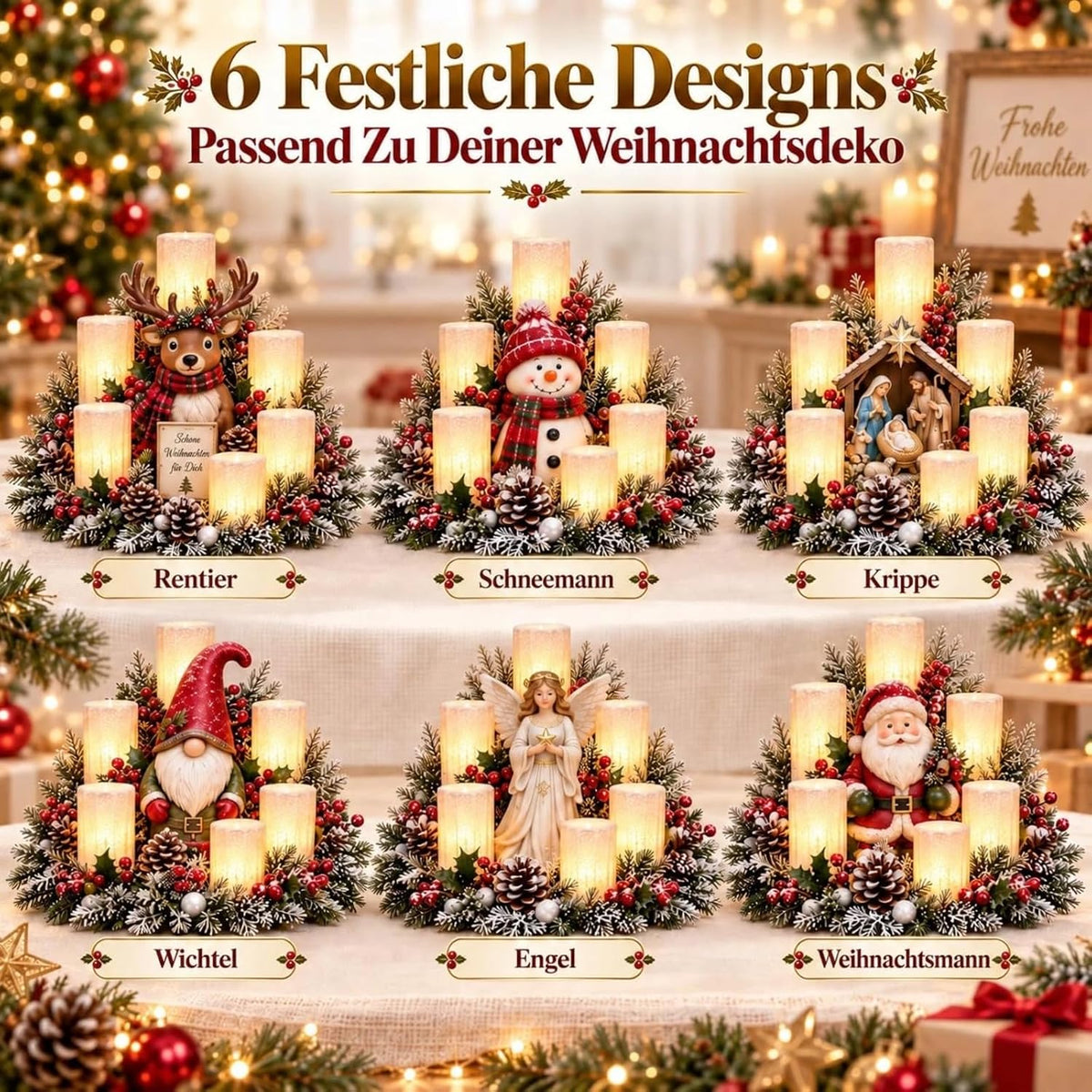 Beleuchtetes Weihnachtsgesteck mit LED-Kerzen