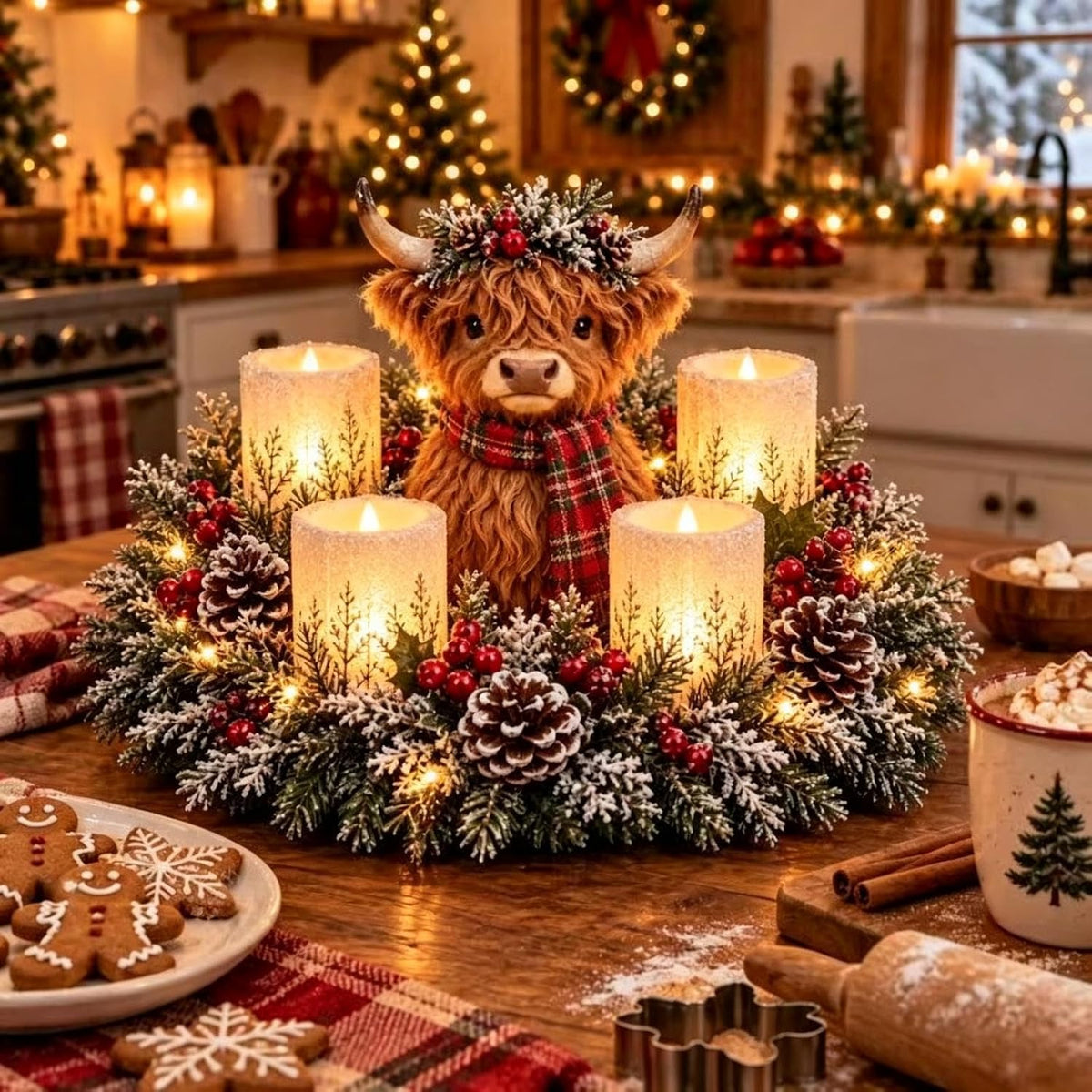 Weihnachtsgesteck mit LED-Kerzen – Motiv Hochlandrind