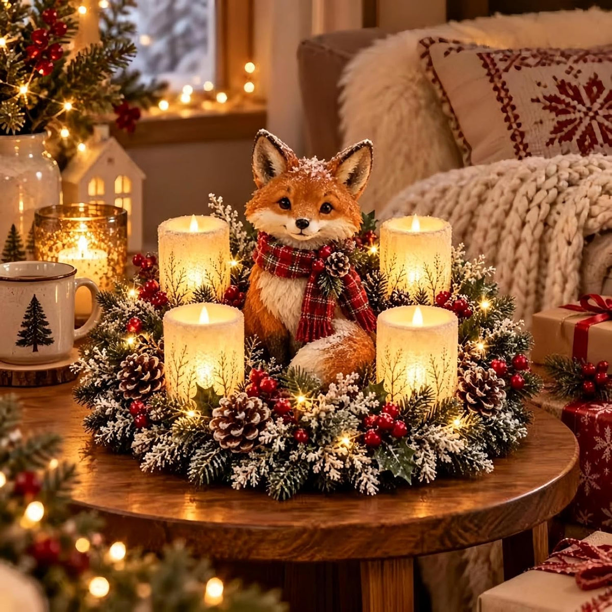 Weihnachtsgesteck mit LED-Kerzen – Motiv Fuchs