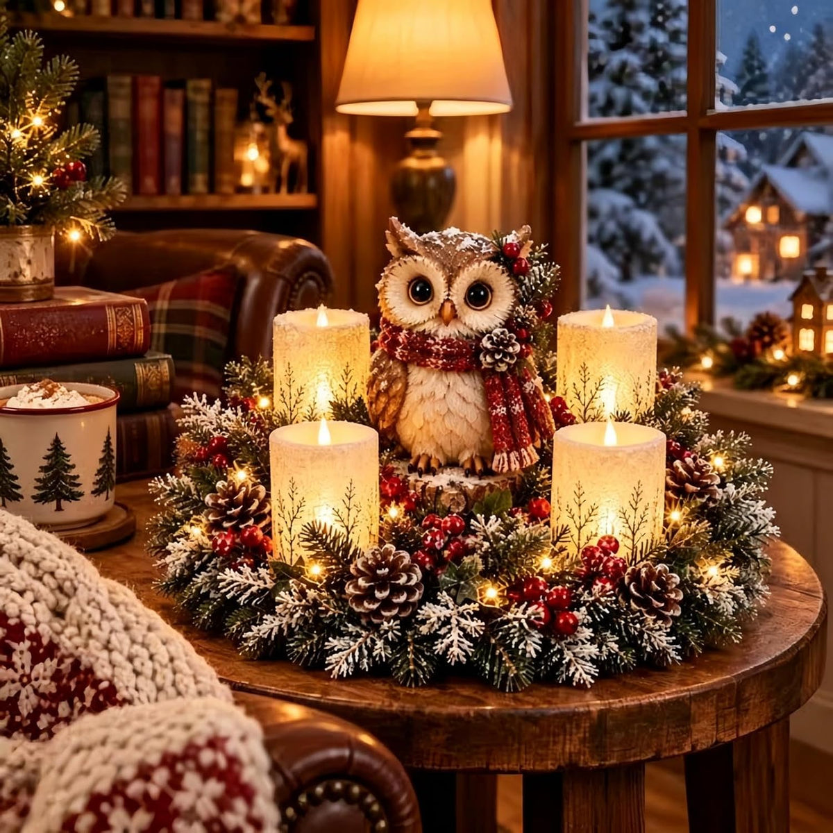 Weihnachtsgesteck mit LED-Kerzen – Motiv Eule