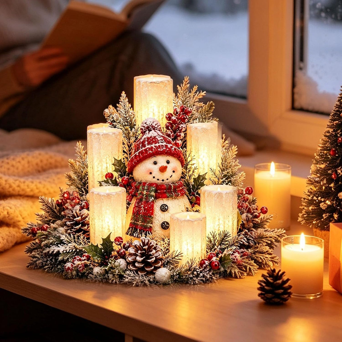 Weihnachtsgesteck mit LED-Kerzen – Motiv Schneemann