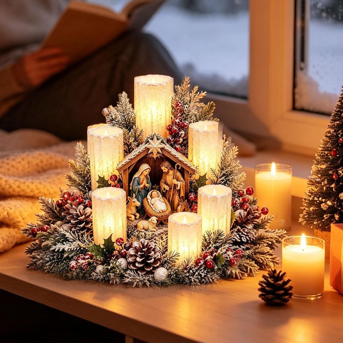 Weihnachtsgesteck mit LED-Kerzen – Motiv Krippe