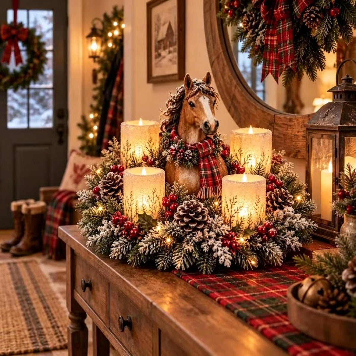 Weihnachtsgesteck mit LED-Kerzen – Motiv Pferd