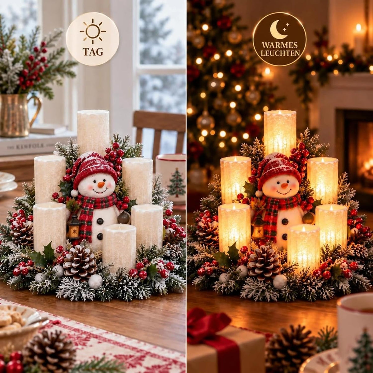 Beleuchtetes Weihnachtsgesteck mit LED-Kerzen