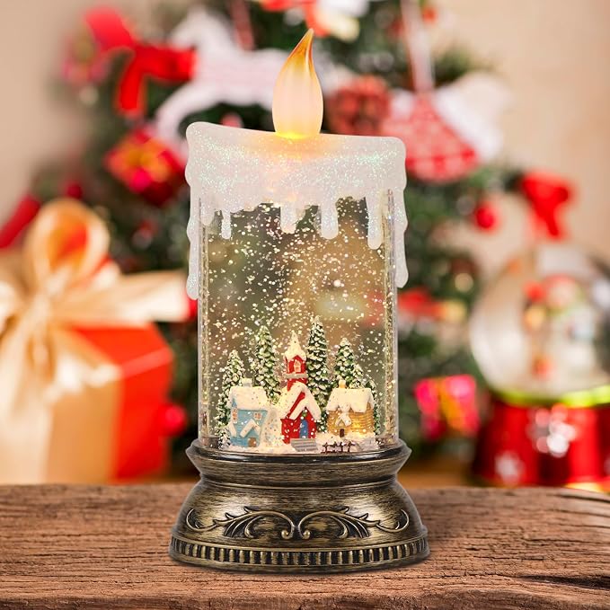 Schneekugel-Kerze mit LED-Flamme – Motiv Winterdorf