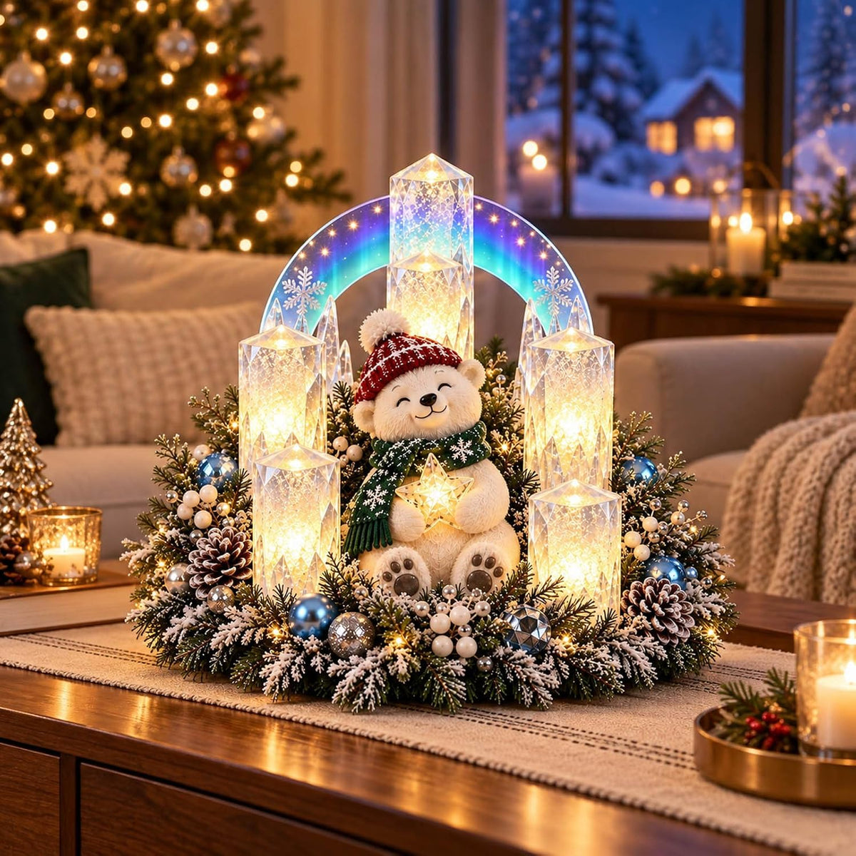 Weihnachtsgesteck mit LED-Kerzen – Motiv Eisbär