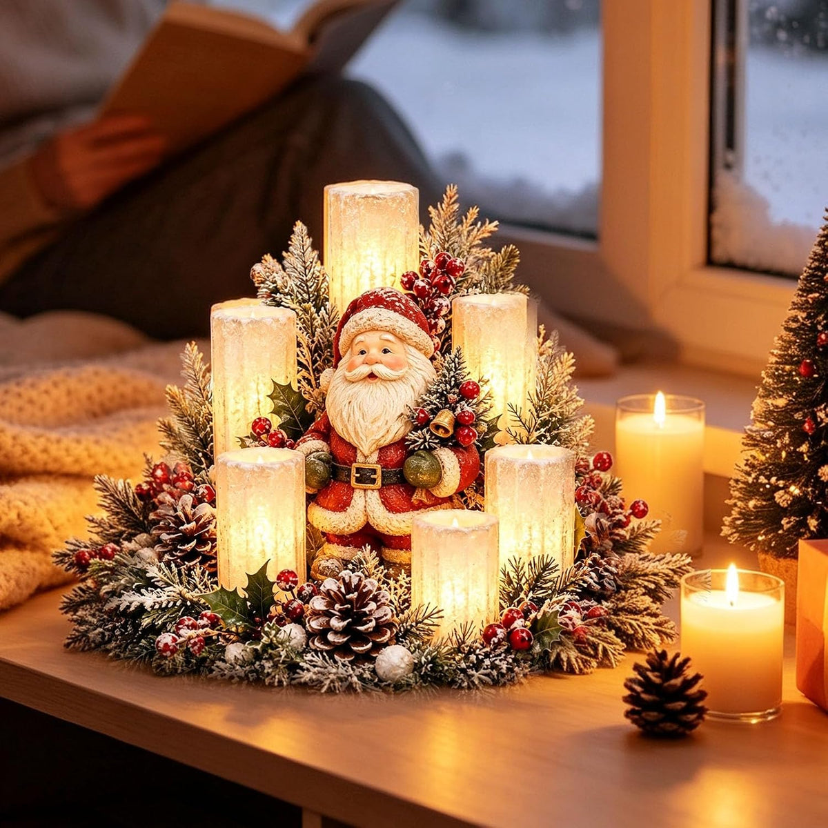Weihnachtsgesteck mit LED-Kerzen – Motiv Weihnachtsmann
