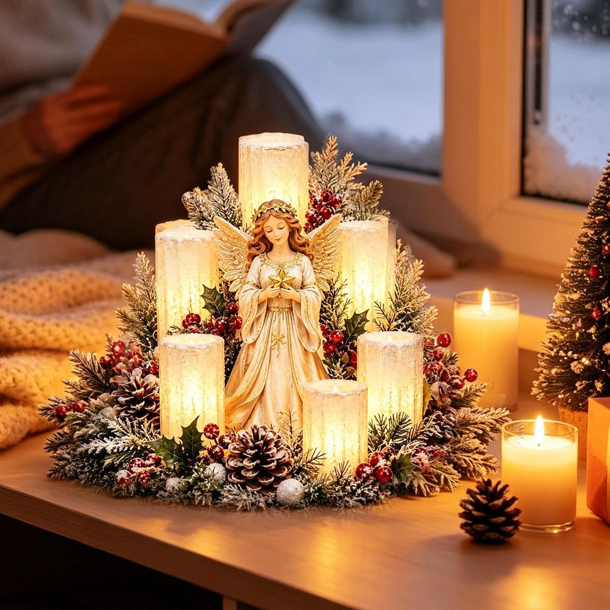 Weihnachtsgesteck mit LED-Kerzen – Motiv Engel