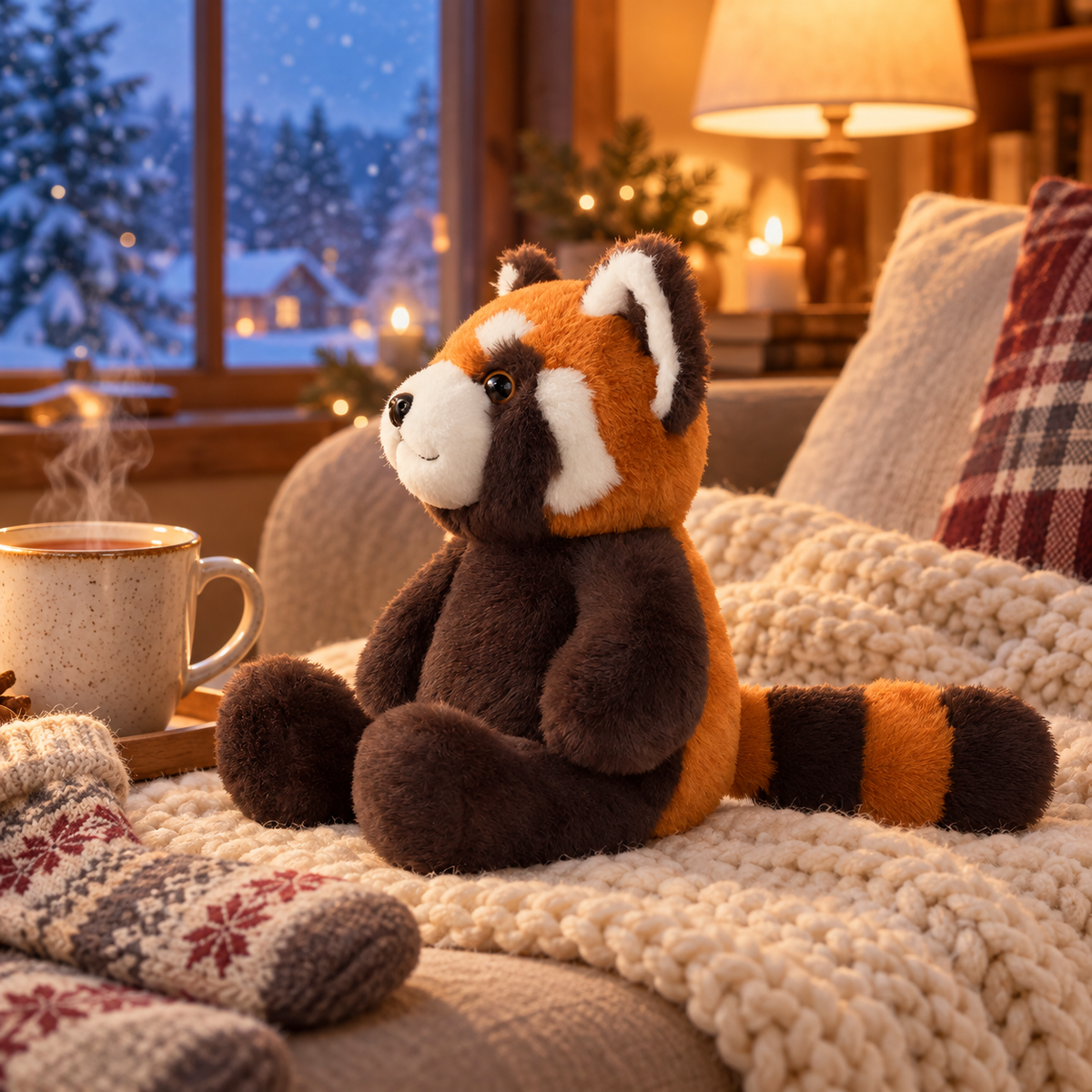 Beheizbares Kuscheltier Roter Panda auf dem Sofa am Winterabend mit Tee und Wollsocken