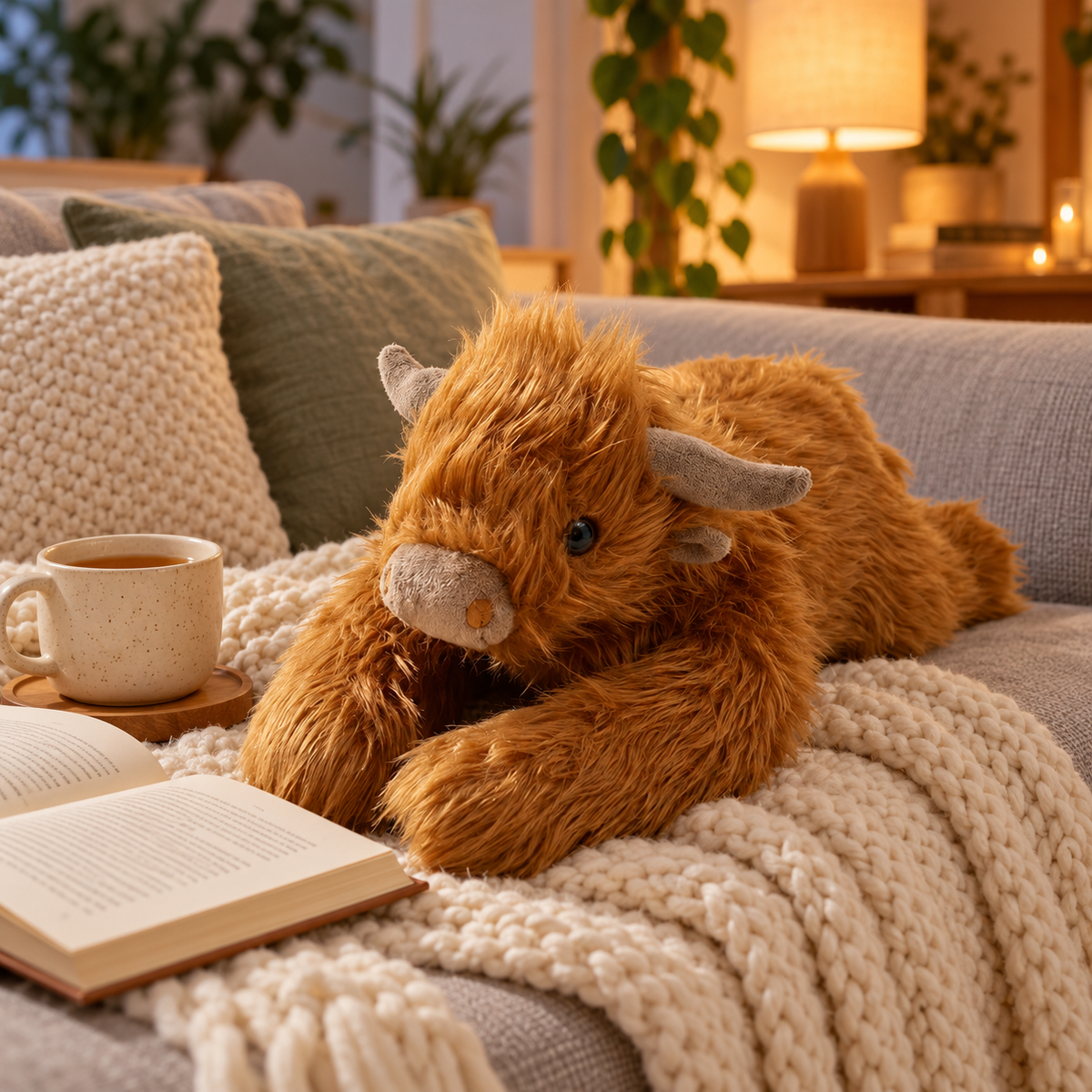 Gewichtskuscheltier Hochlandrind auf dem Sofa mit Strickdecke, Tee und Buch