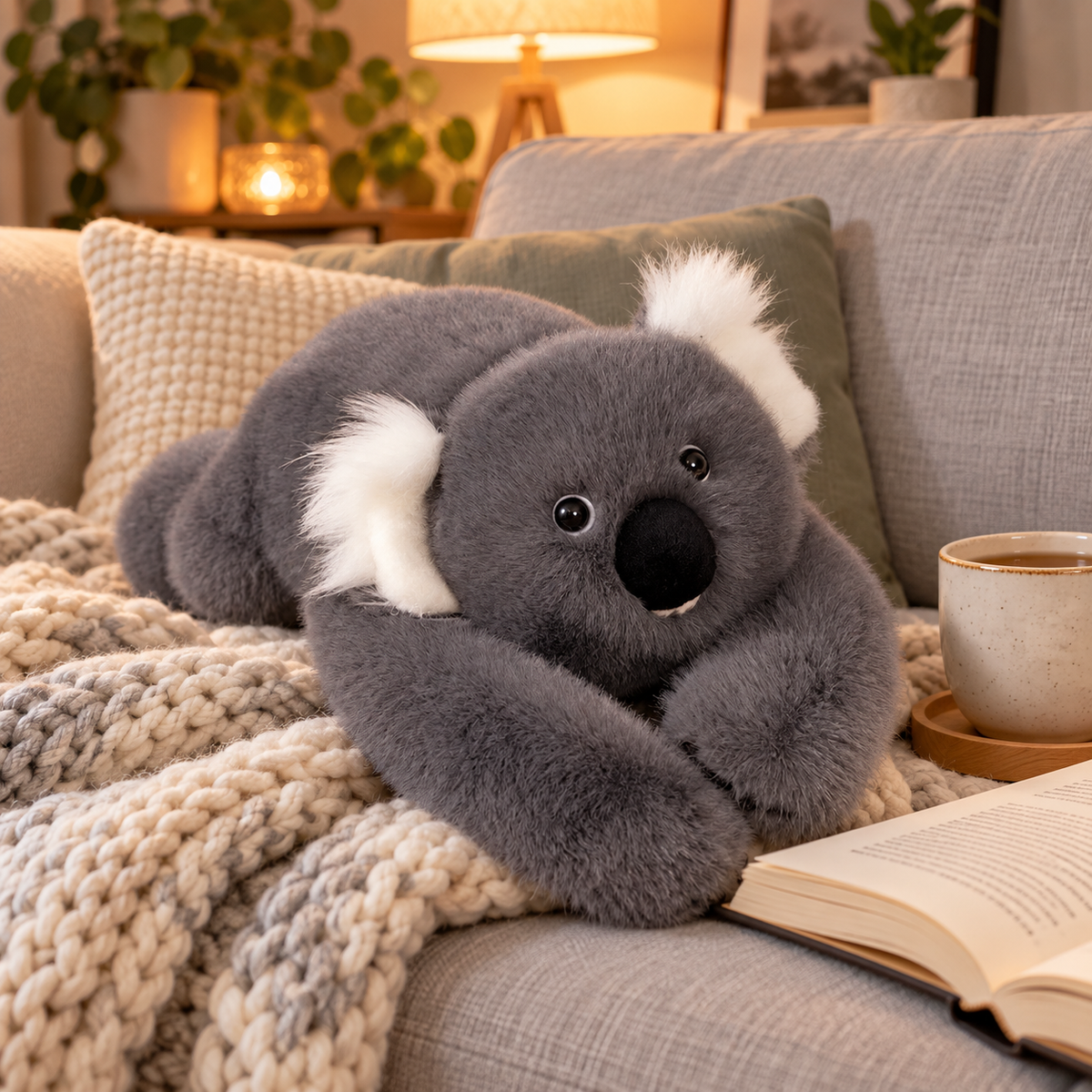 Gewichtskuscheltier Koala auf dem Sofa mit Strickdecke, Tee und Buch