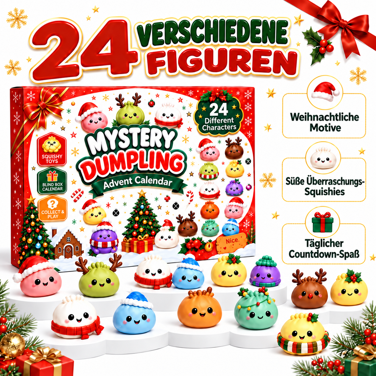 Squishy-Adventskalender mit 24 verschiedenen weihnachtlichen Squishy-Figuren