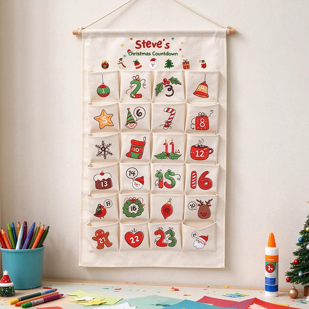 Adventskalender zum Befüllen aus Stoff – Wandkalender mit 24 Taschen zum Aufhängen, wiederverwendbar, 50 × 85 cm