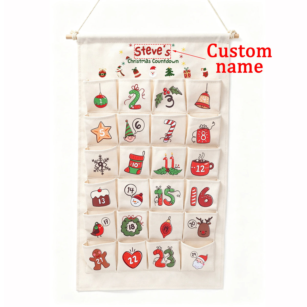 Adventskalender zum Befüllen aus Stoff – Wandkalender mit 24 Taschen zum Aufhängen, wiederverwendbar, 50 × 85 cm