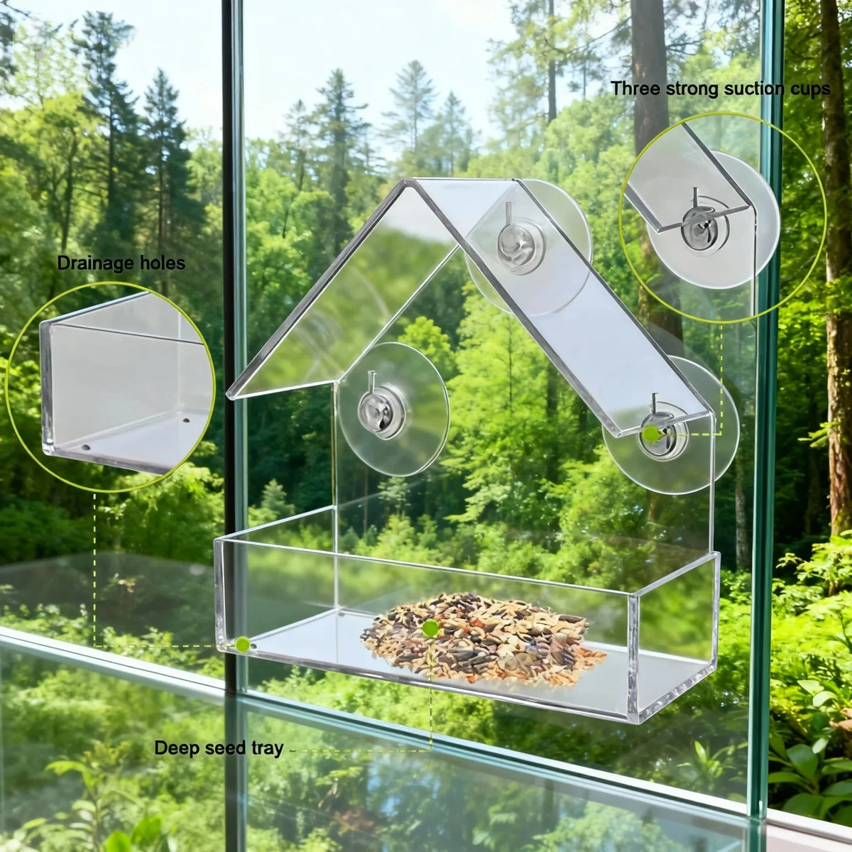Vogelfutterhaus Fenster mit Saugnapf – transparentes Futterhaus aus Acryl für Wildvögel, 15 × 15 cm