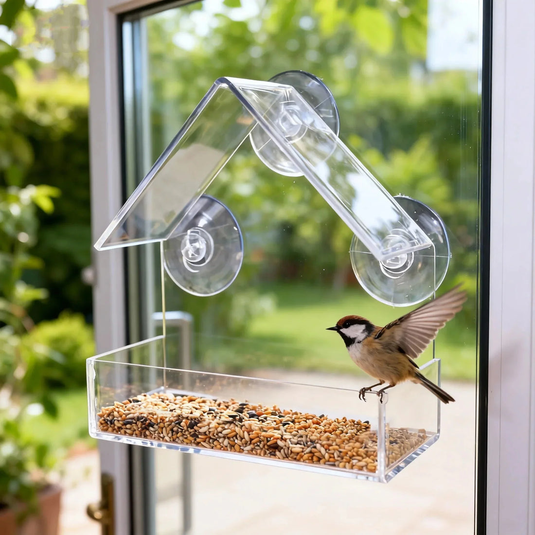 Vogelfutterhaus Fenster mit Saugnapf – transparentes Futterhaus aus Acryl für Wildvögel, 15 × 15 cm