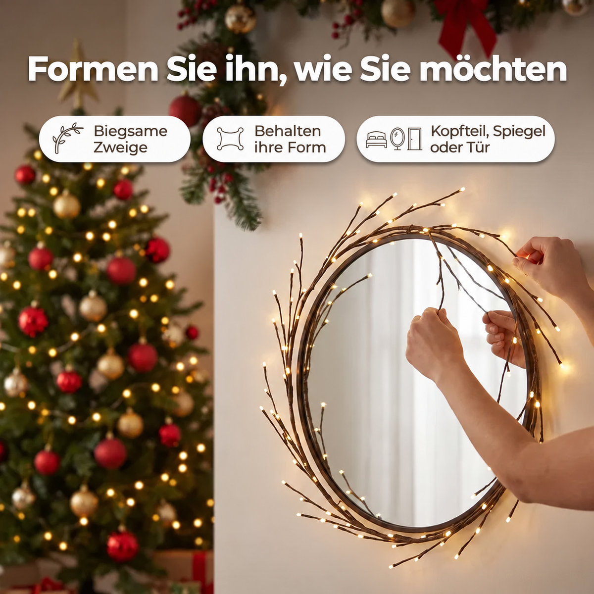 Biegsame LumiZweig Lichterzweige rund um einen Spiegel