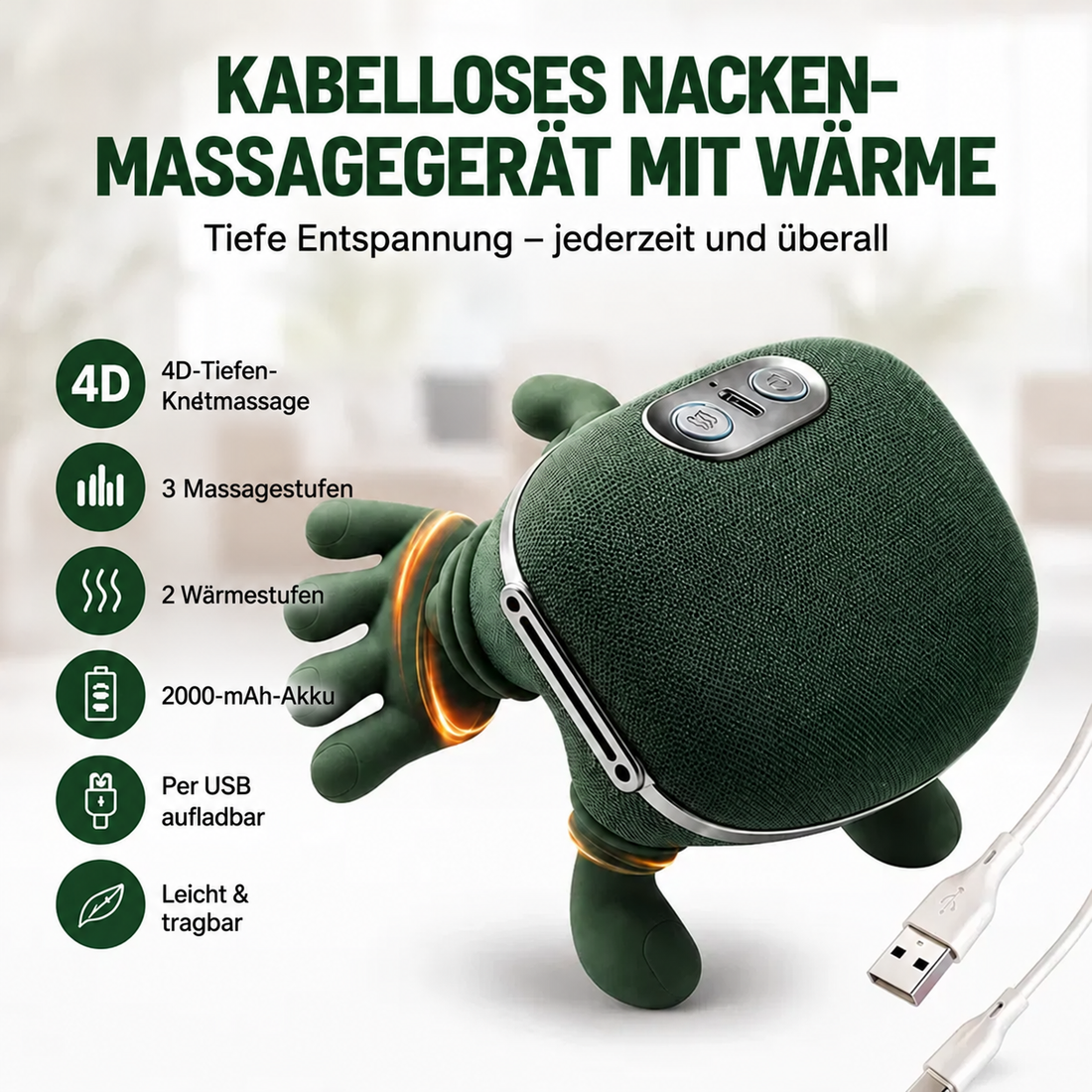 Kabelloses Nackenmassagegerät mit Wärme – 4D-Knetmassage, 3 Massagestufen, 2 Wärmestufen