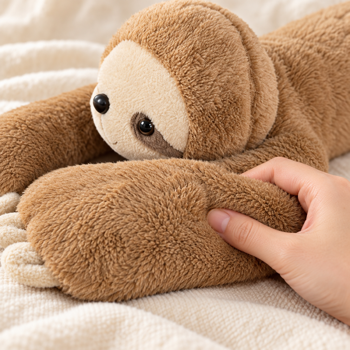 Nahaufnahme des weichen Plüschfells und der langen Arme des Faultier Kuscheltiers