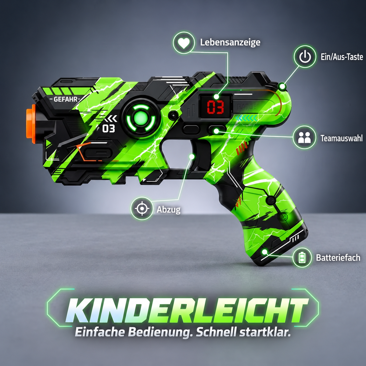 GlowDuell Blaster: Lebensanzeige, Teamauswahl, Abzug und Batteriefach