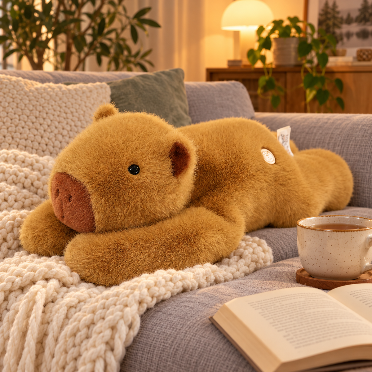 Gewichtskuscheltier Capybara auf dem Sofa mit Strickdecke, Tee und Buch